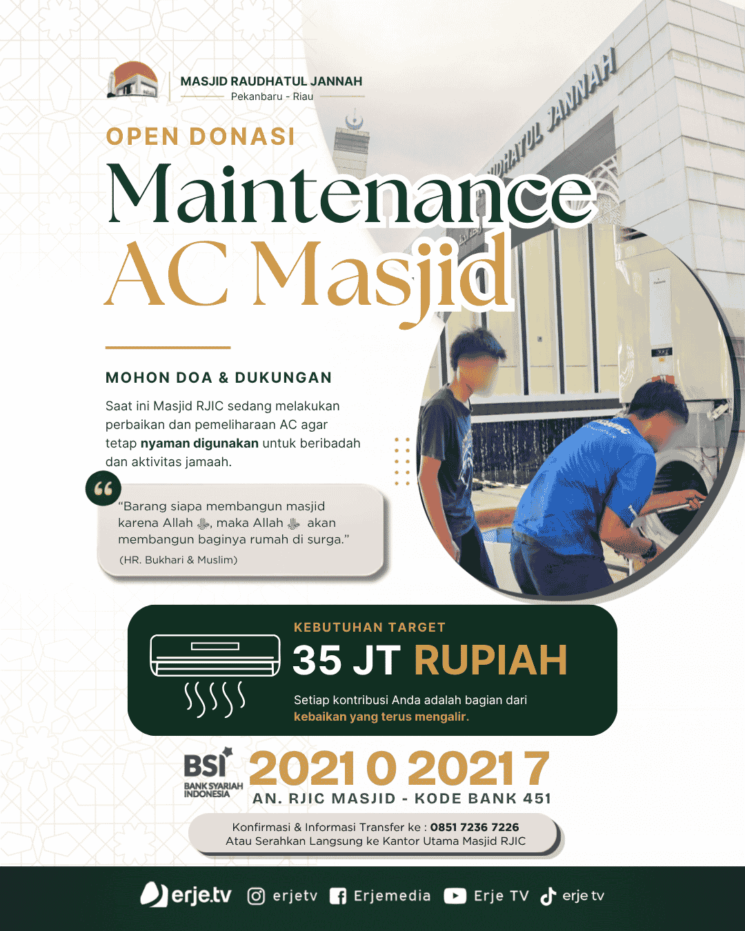 Flyer Open Donasi Maintenance AC Masjid Raudhatul Jannah Pekanbaru