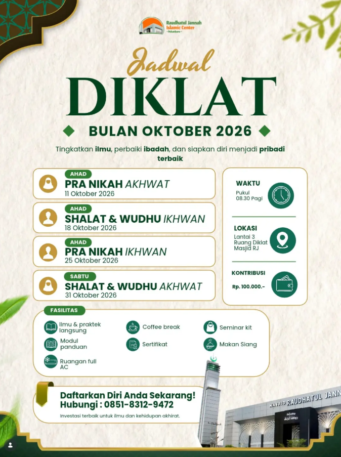 Jadwal Diklat Bulan Oktober Masjid Raudhatul Jannah Pekanbaru